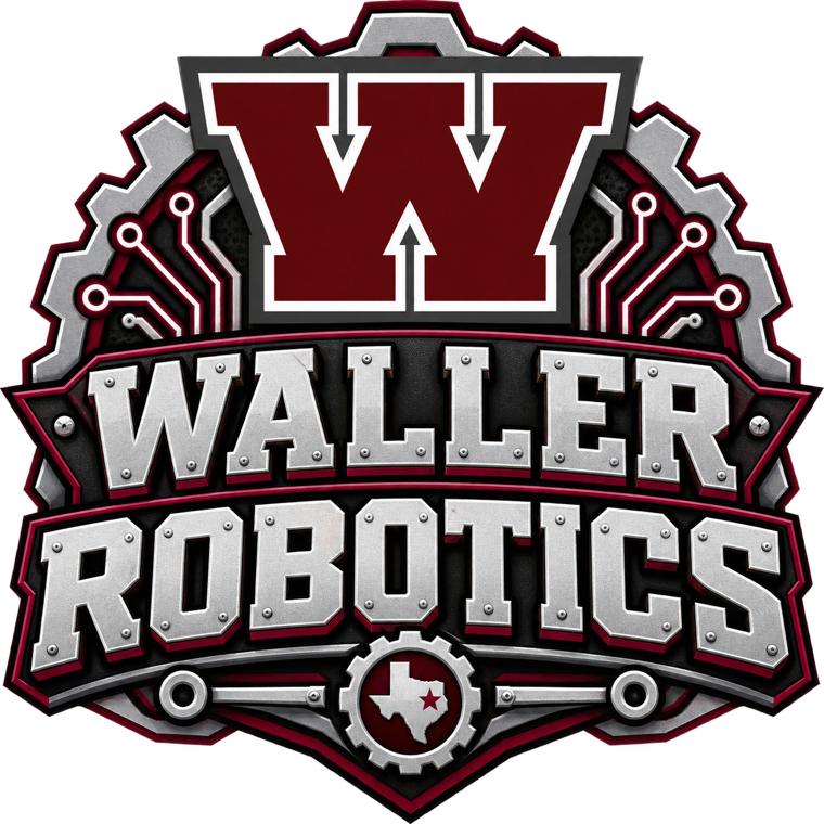 Waller Robotics crest: a maroon and chrome W on a gear-and-circuit shield above the Waller Robotics wordmark and a Texas gear